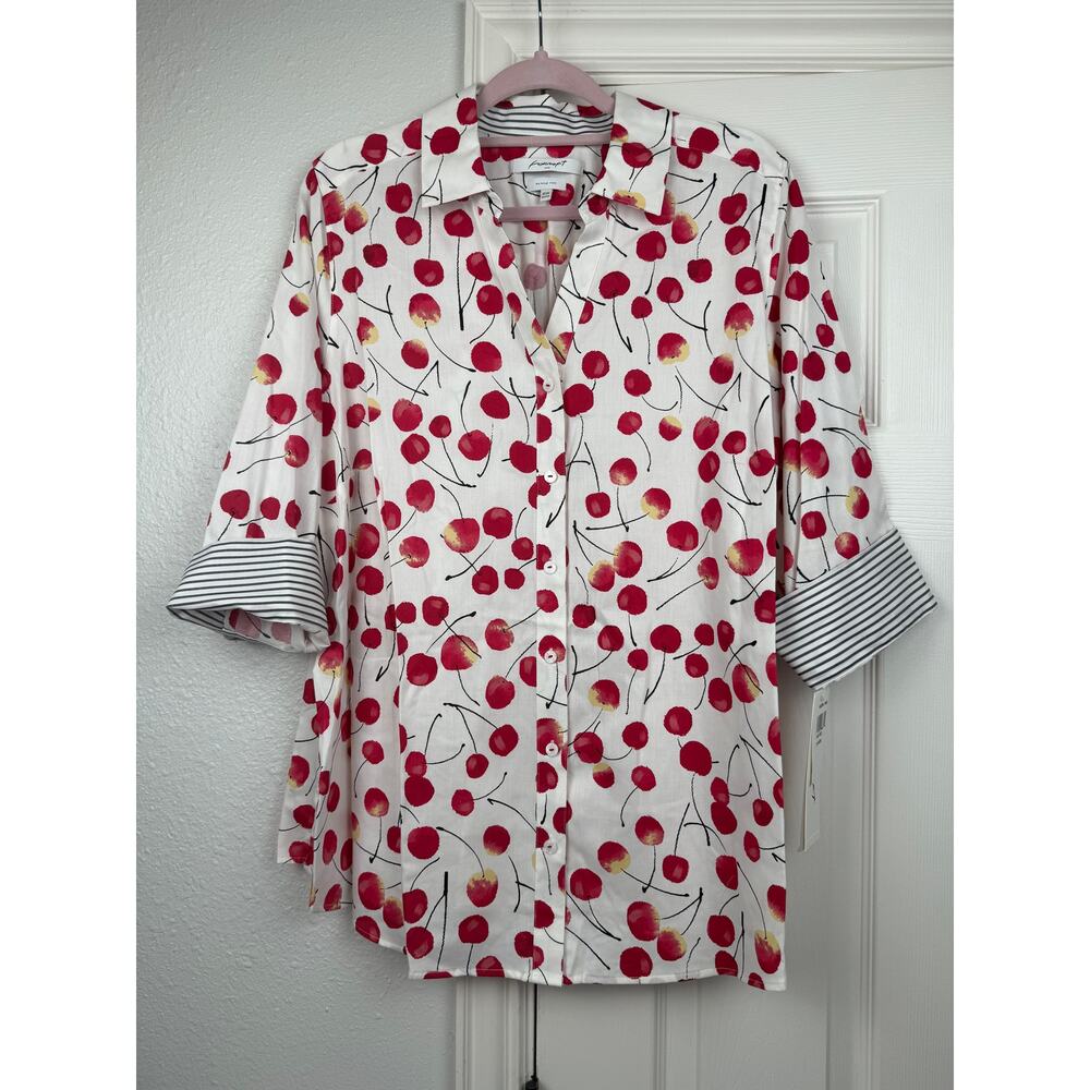 Foxcroft NYC NWT Cherry Print Blouse 18W Wrinkle Free Striped Cuff Plus
